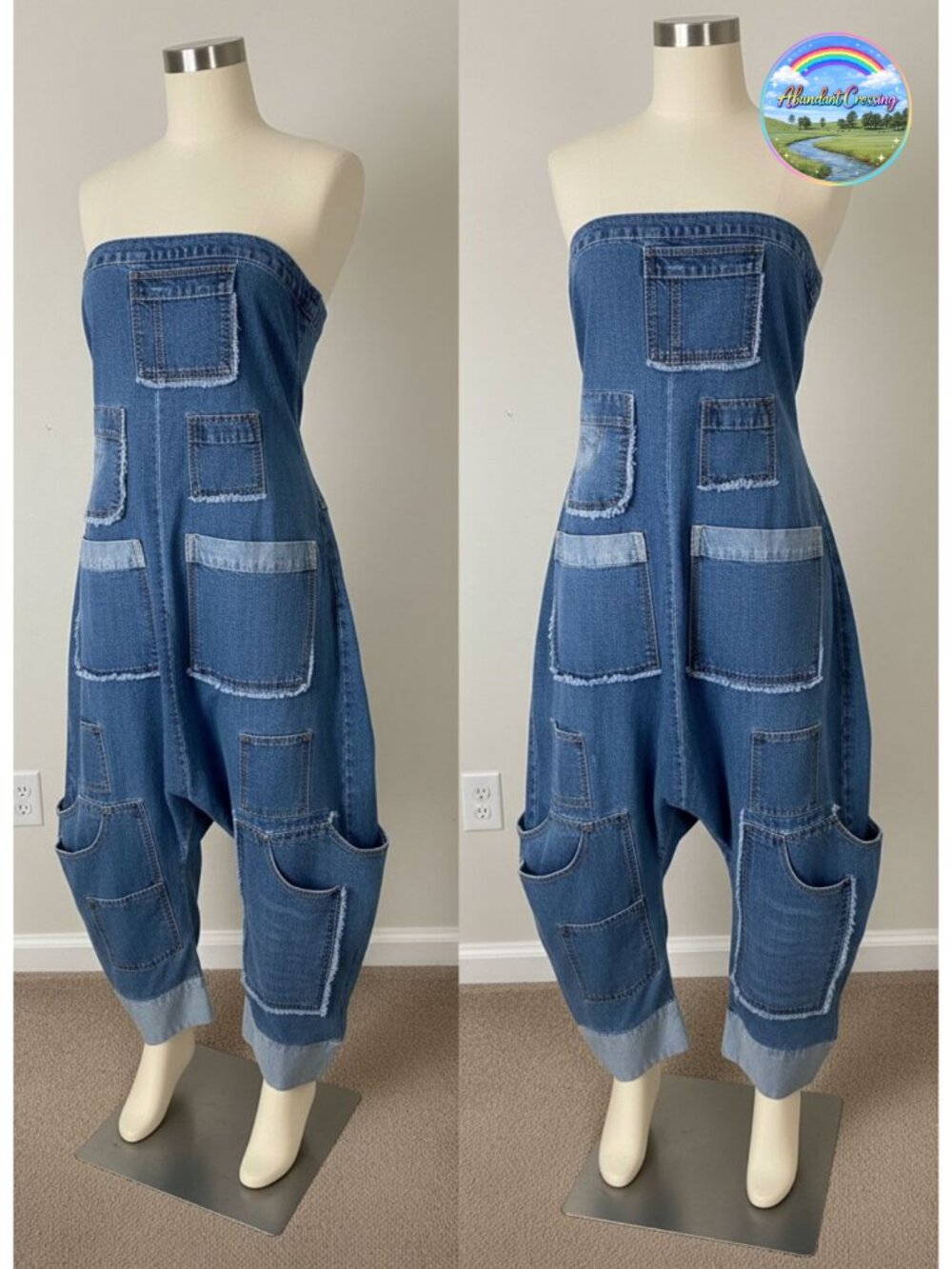 Strapless Denim Jumpsuit Wide Leg Cargo Jean Romper Loose Fit